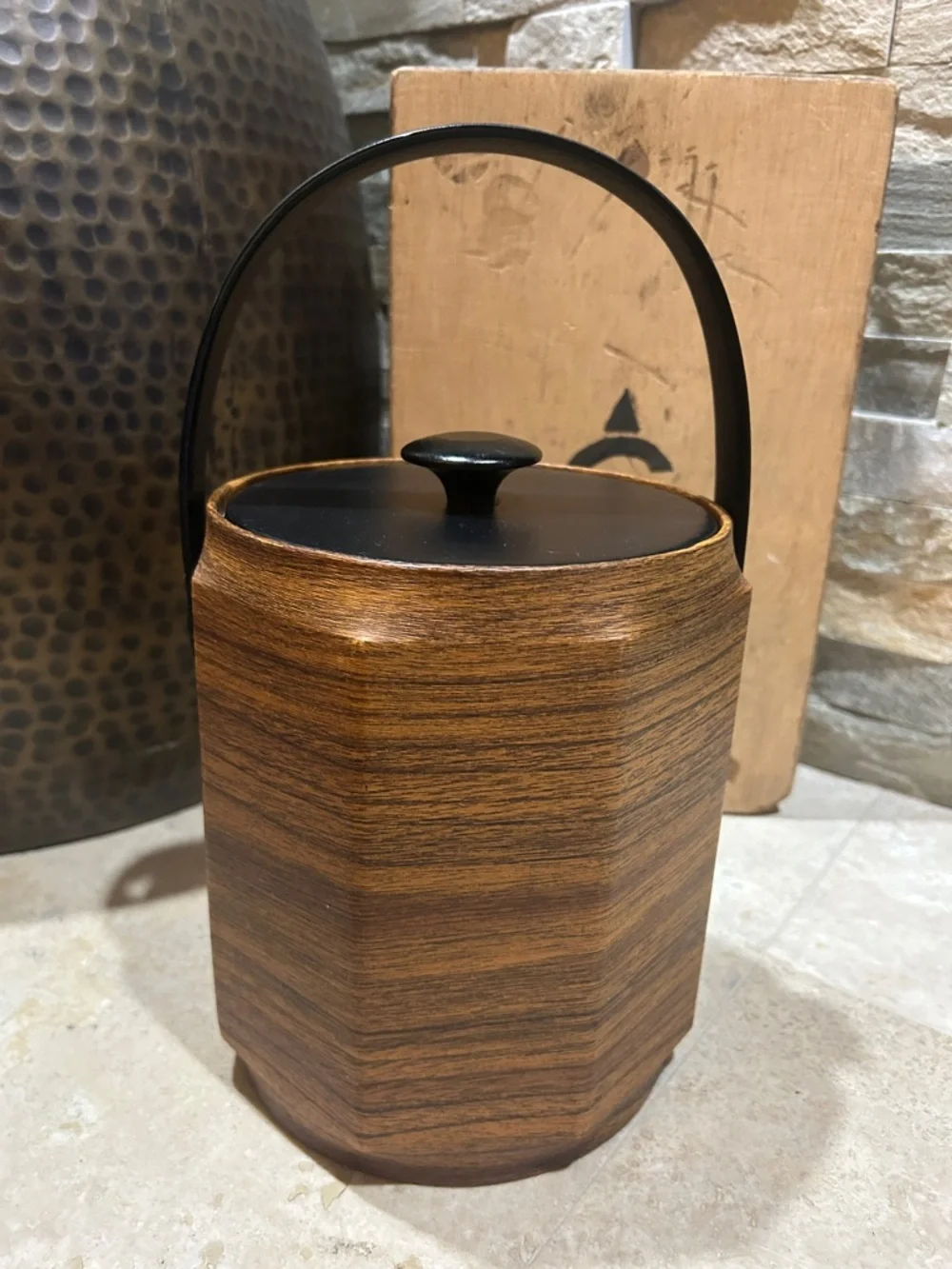 Vintage Faux Wood Grain Octagon Shaped Ice Bucket